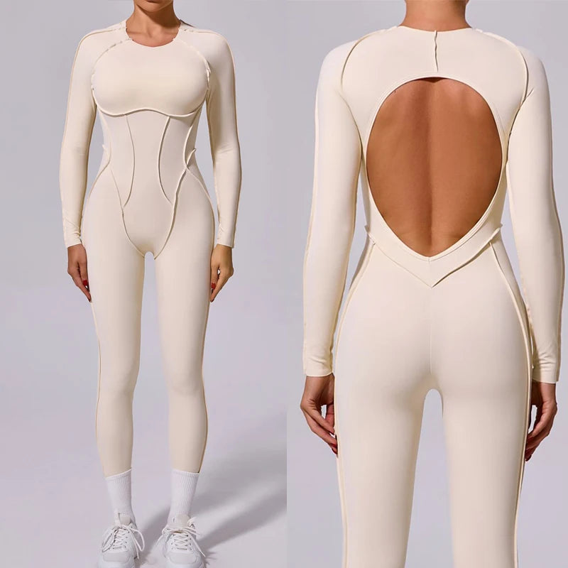 Langärmeliger Yoga-Jumpsuit für Damen – Rückenfrei & Figurbetont